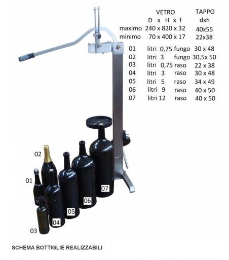 Tappatore (17-22 mm foro bottiglia) a leva manuale in acciaio inox per tappi a fungo