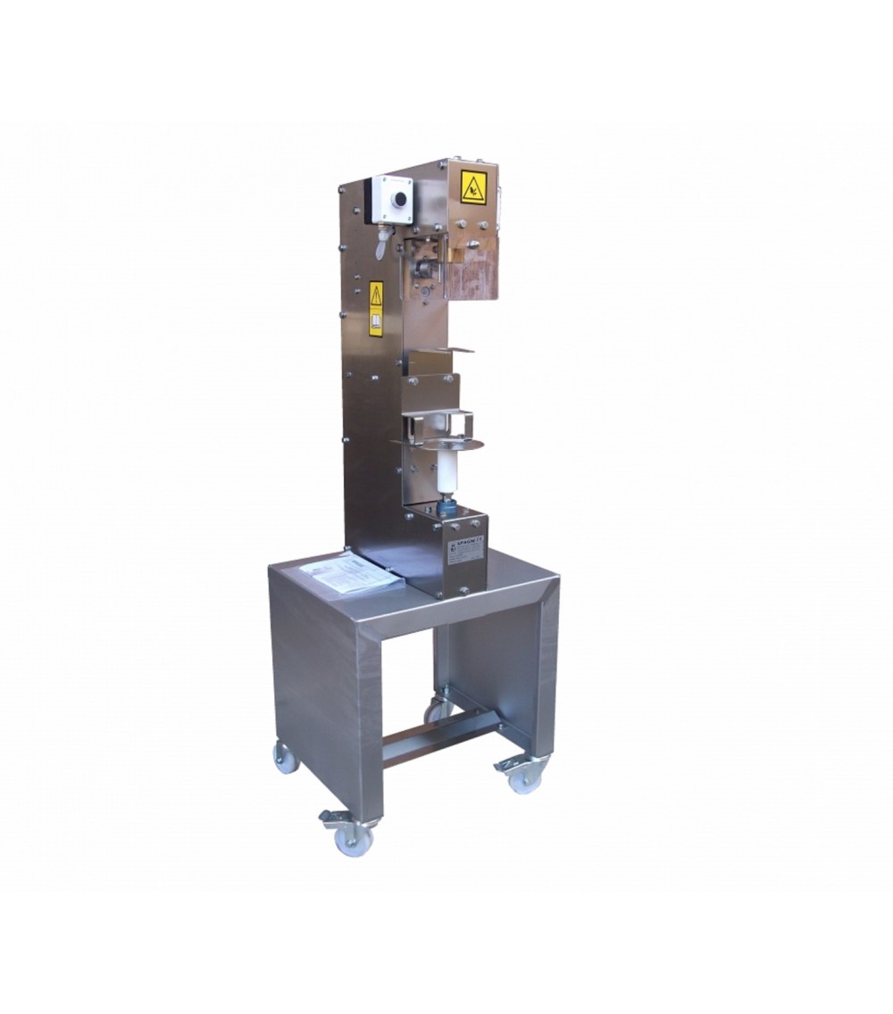 Gabbiettatrice semiautomatica pneumatica per tappi fungo di sughero o plastica con carrello in acciaio inossidabile. Gabbiettatrice semiautomatica pneumatica per tappi fungo di sughero o plastica con carrello in acciaio inossidabile.