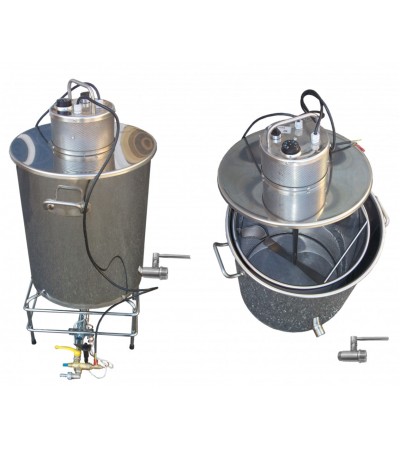 Contenitore 43 LT per cottura e filtrazione birra, completo di pentola accessoriata, agitatore e bruciatore.