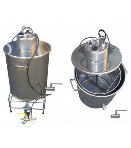 Contenitore 43 LT per cottura e filtrazione birra, completo di pentola accessoriata, agitatore e bruciatore.