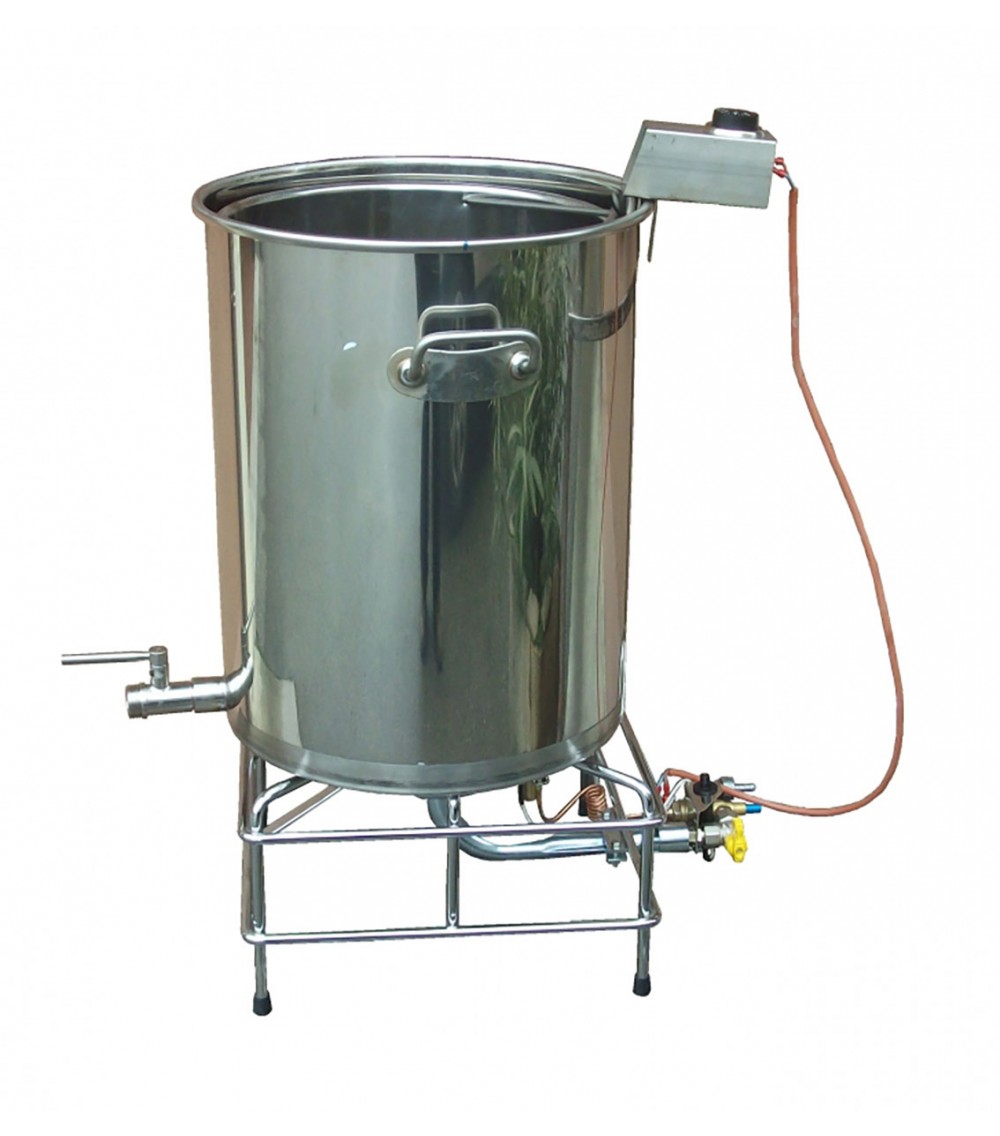 Contenitore 62 LT per cottura e filtrazione birra, completo di pentola accessoriata, agitatore e bruciatore. Contenitore 62 LT per cottura e filtrazione birra, completo di pentola accessoriata, agitatore e bruciatore.
