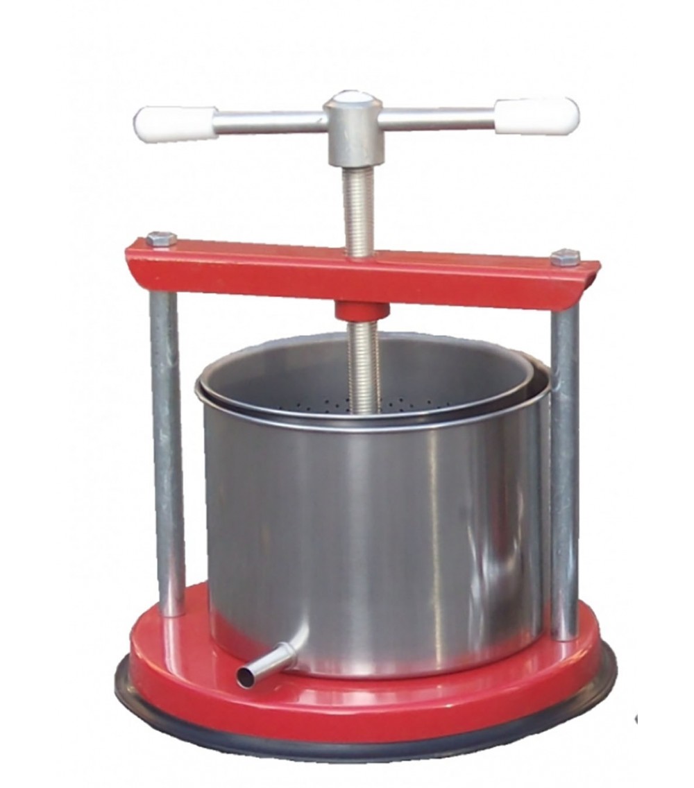 Pressetta telaio e tiranti 2 raggi in ferro con gabbia forata e pentola inox lt 1,3 per la pigiatura di frutta e verdura Pressetta telaio e tiranti 2 raggi in ferro con gabbia forata e pentola inox lt 1,3 per la pigiatura di frutta e verdura