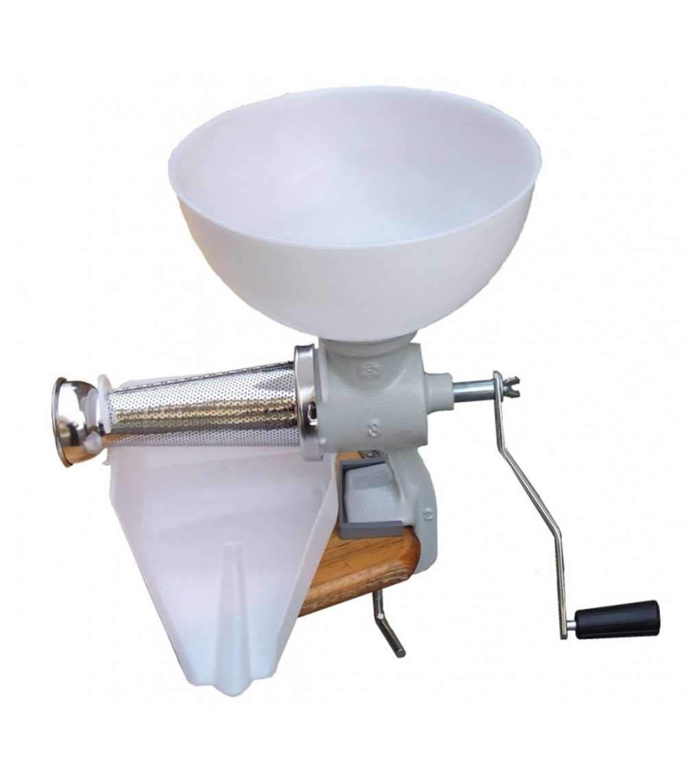 PASSAPOMODORO a manovella con imbuto, filtro e protezione spruzzi inox – corpo e vite in ghisa