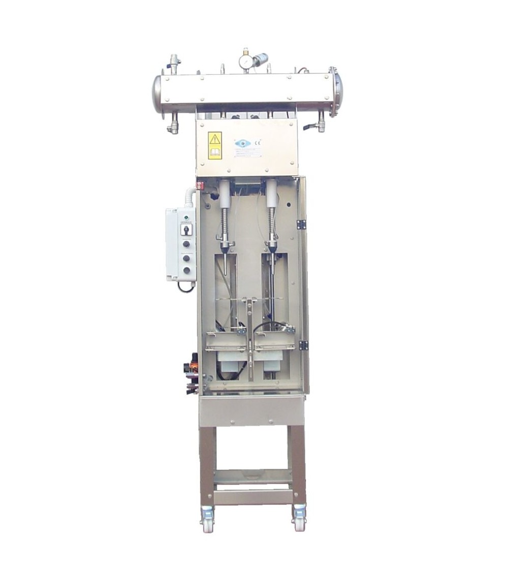 Riempitrice isobarica 2 becchi, immissione gas in pressione, carrello in acciaio inossidabile Riempitrice isobarica 2 becchi, immissione gas in pressione, carrello in acciaio inossidabile