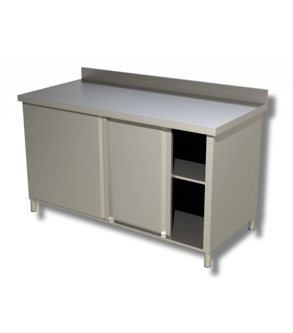 Tavolo in acciaio inox armadiato con 2 porte scorrevoli e alzatina (Dimensioni Personalizzabili) Tavolo in acciaio inox armadiato con 2 porte scorrevoli e alzatina (Dimensioni Personalizzabili)