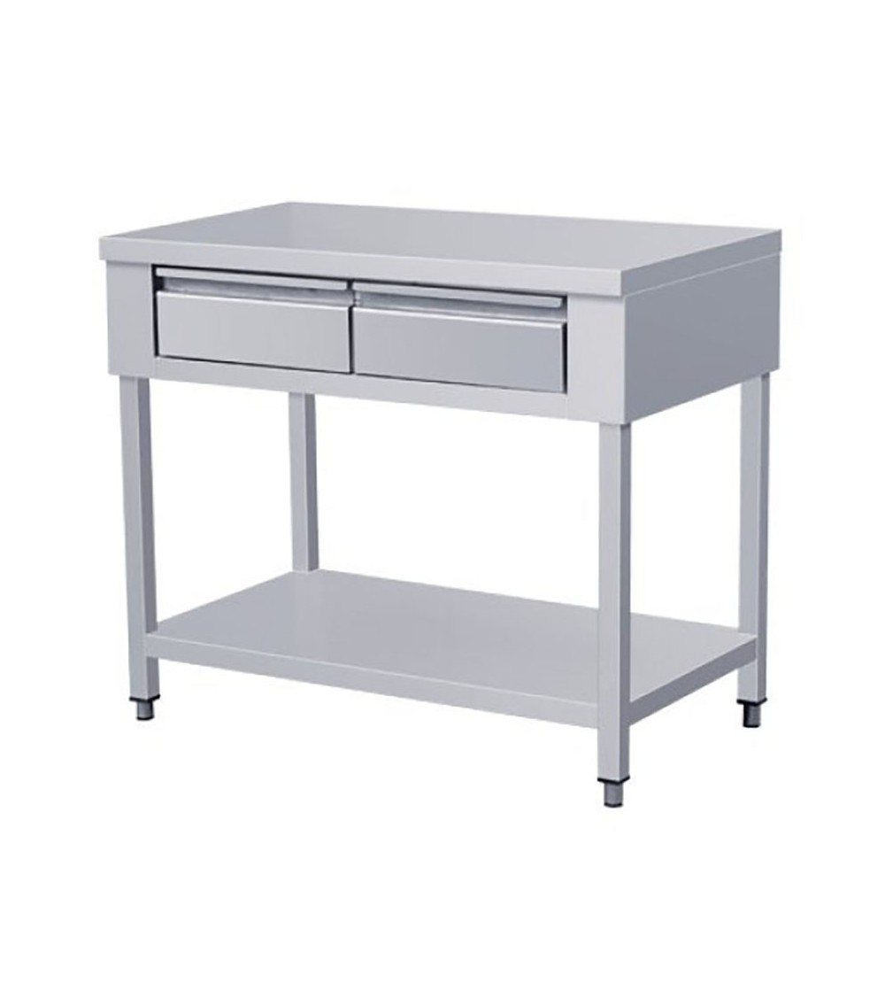Tavolo in acciaio inox su gambe con 2 cassetti e piano di fondo (Dimensioni Personalizzabili) Tavolo in acciaio inox su gambe con 2 cassetti e piano di fondo (Dimensioni Personalizzabili)