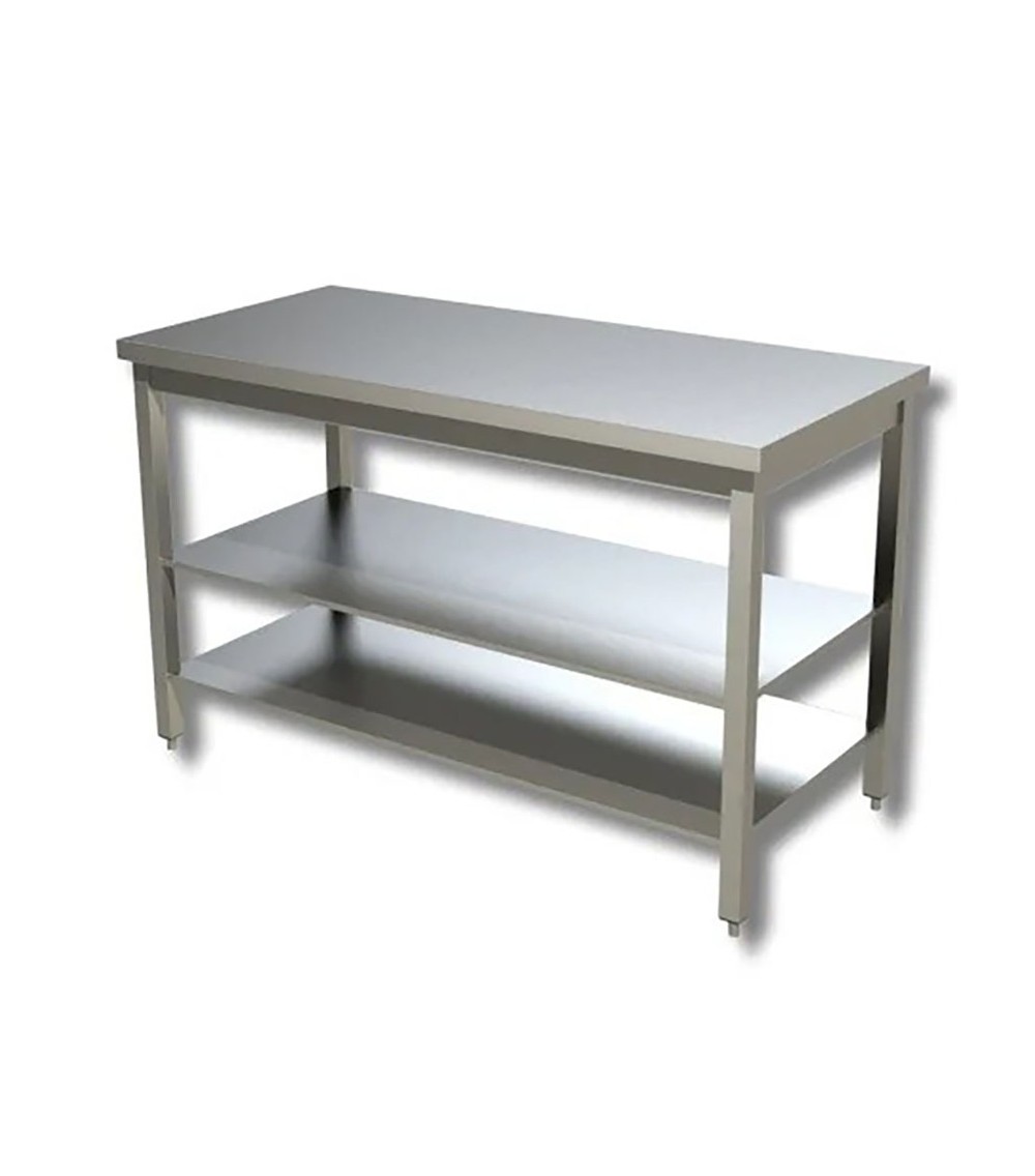 Tavolo in acciaio inox su gambe con 2 ripiani (Dimensioni Personalizzabili)