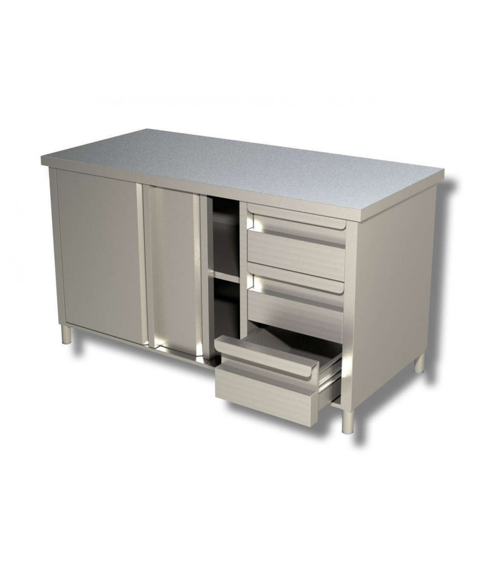 Tavolo armadiato inox con 3 cassetti a destra e 2 porte scorrevoli sotto (Dimensioni Personalizzabili)