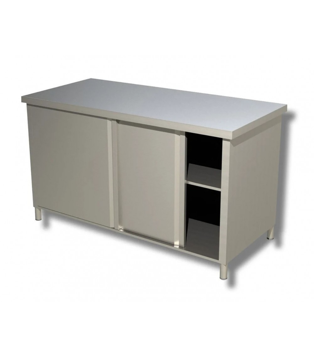 Tavolo in acciaio inox armadiato con 2 porte scorrevoli (Dimensioni Personalizzabili) Tavolo in acciaio inox armadiato con 2 porte scorrevoli (Dimensioni Personalizzabili)