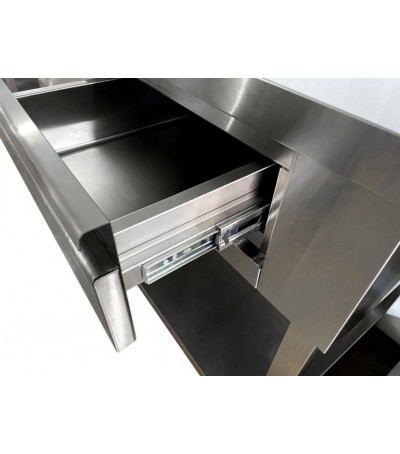 Tavolo in acciaio inox su gambe con 3 cassetti e piano di fondo (Dimensioni Personalizzabili)