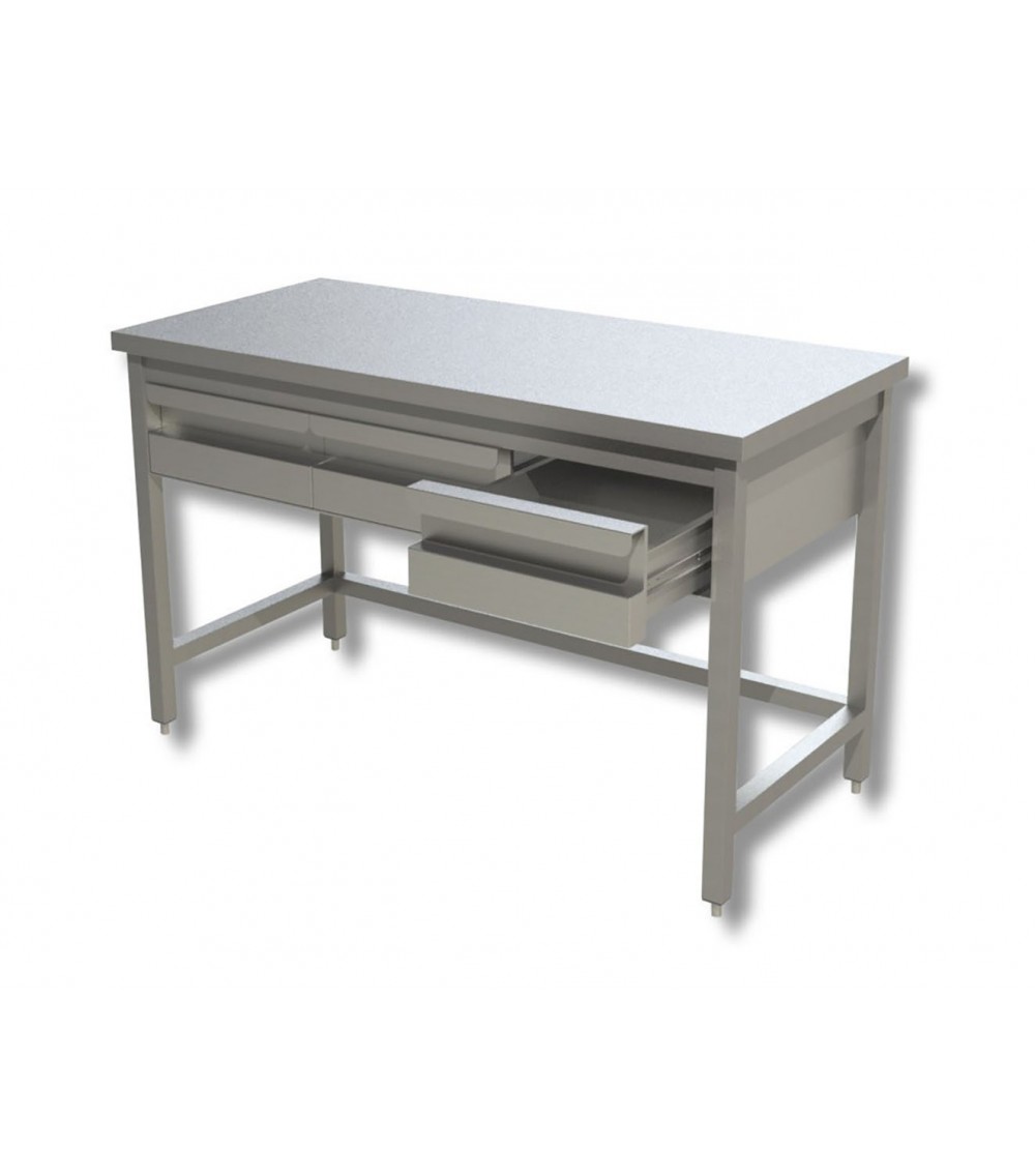 Tavolo in acciaio inox su gambe con 3 cassetti e piano di fondo (Dimensioni Personalizzabili) Tavolo in acciaio inox su gambe con 3 cassetti e piano di fondo (Dimensioni Personalizzabili)