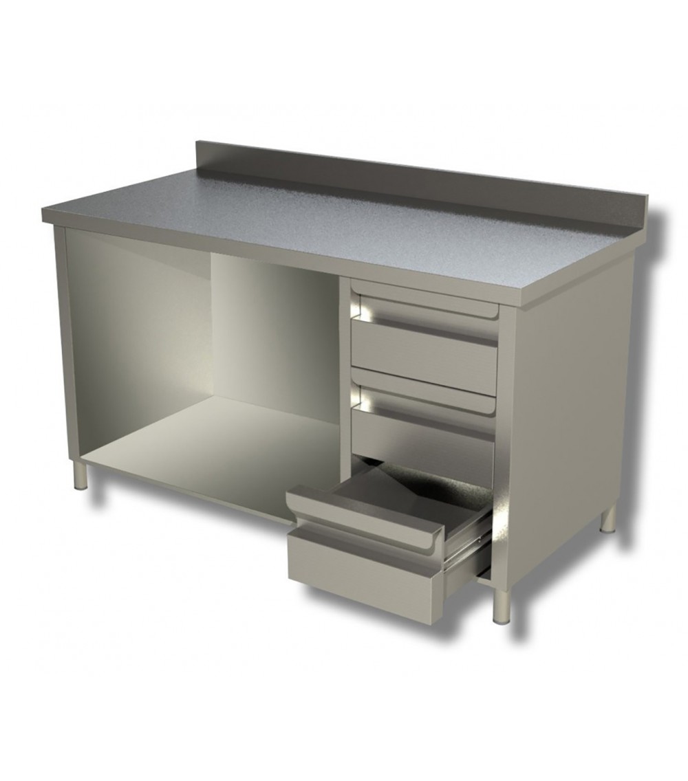 Tavolo in acciaio inox a giorno con 3 cassetti a dx e alzatina profondità (Dimensioni Personalizzabili)