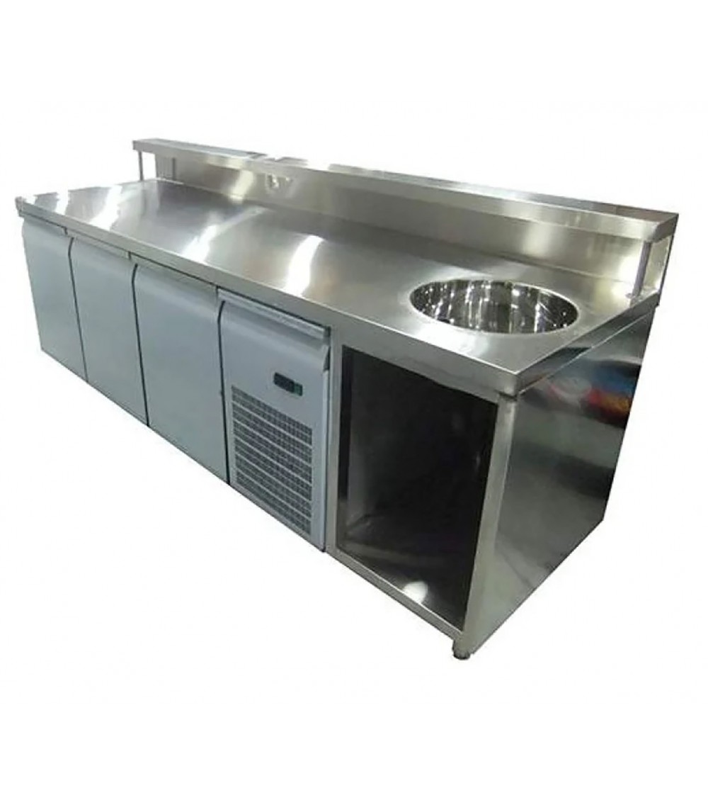 Banco Bar Refrigerato rivestimento in corian 3 porte con lavabo a destra e sportelli Banco Bar Refrigerato rivestimento in corian 3 porte con lavabo a destra e sportelli