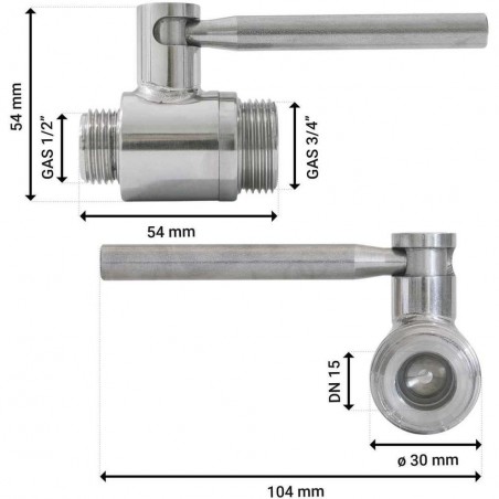 Valvola a sfera inox 1/2" x 3/4" M/M