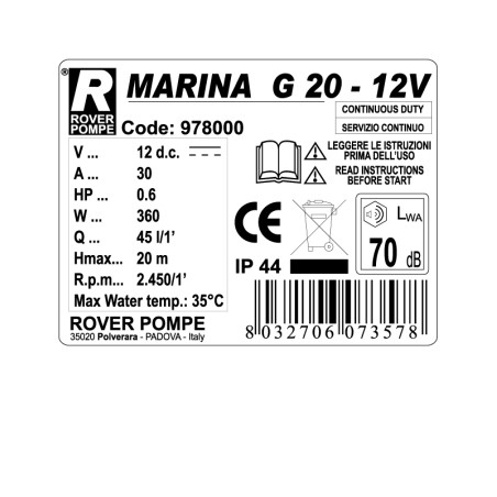 Pompa BE-G MARINA 20-12V ad Ingranaggi Rover