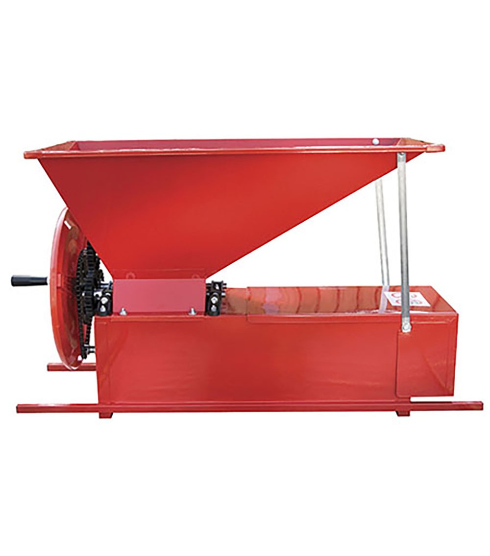 Pigiadiraspatrice manuale a rulli tramoggia e agitatore in lamiera smaltata 1000–1200 Kg/ora