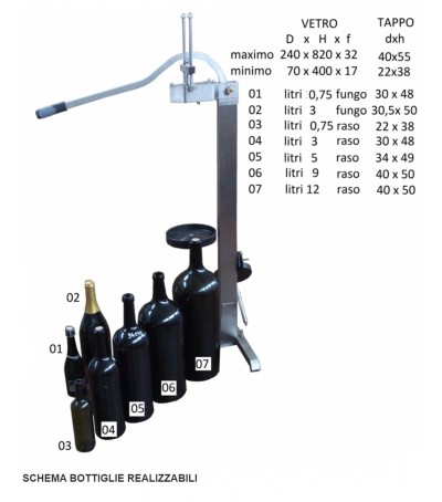 Tappatore (17-20 mm foro bottiglia) a leva manuale in acciaio inox per tappi raso.